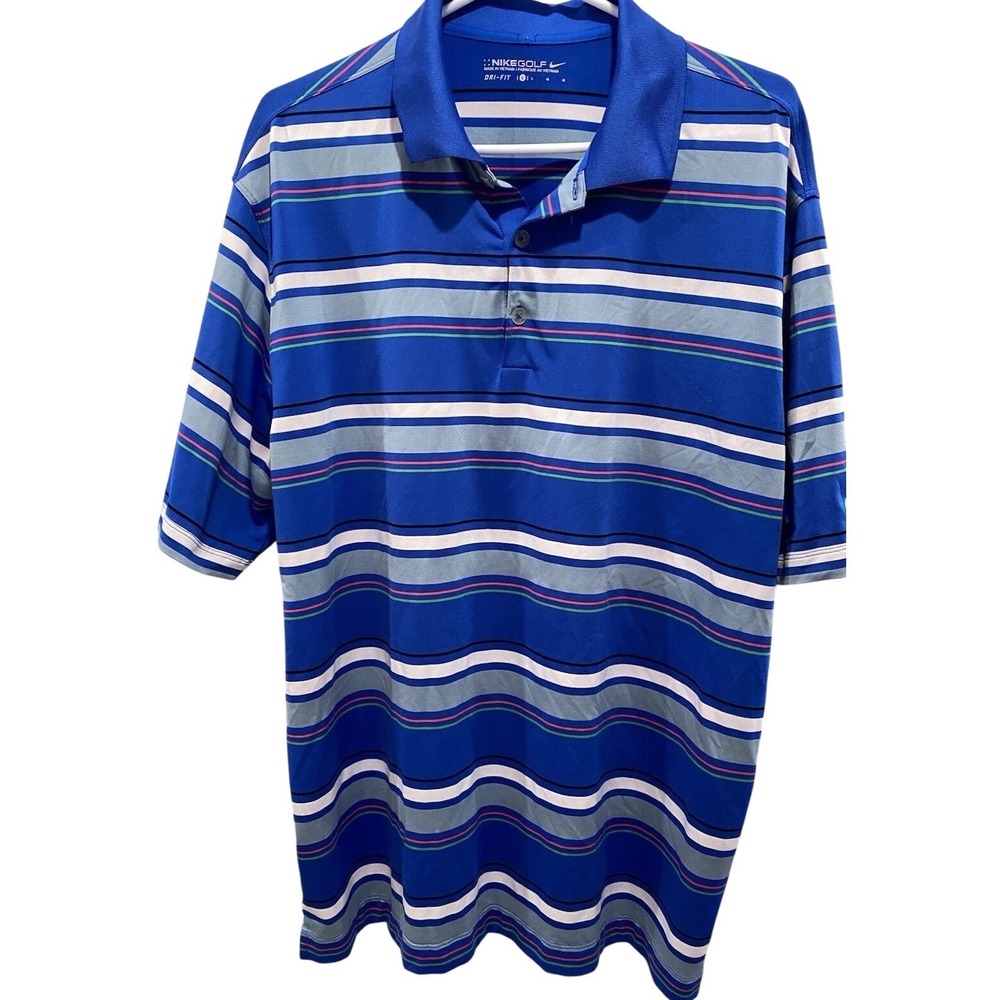 Nike Golf Dri-Fit Polo Shirt Mens Large Vibrant Blue Striped Green Swoosh‎ Logo